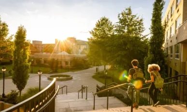 rear view of two university students walk down campus stairs at sunset